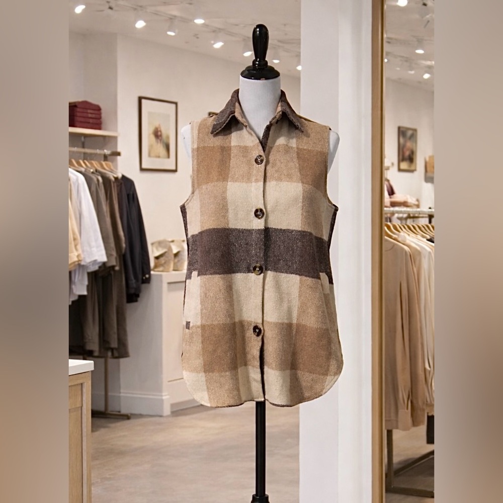 Neutral Plaid Sleeveless Button-Up Vest Shacket | Beige Brown Check | Size S